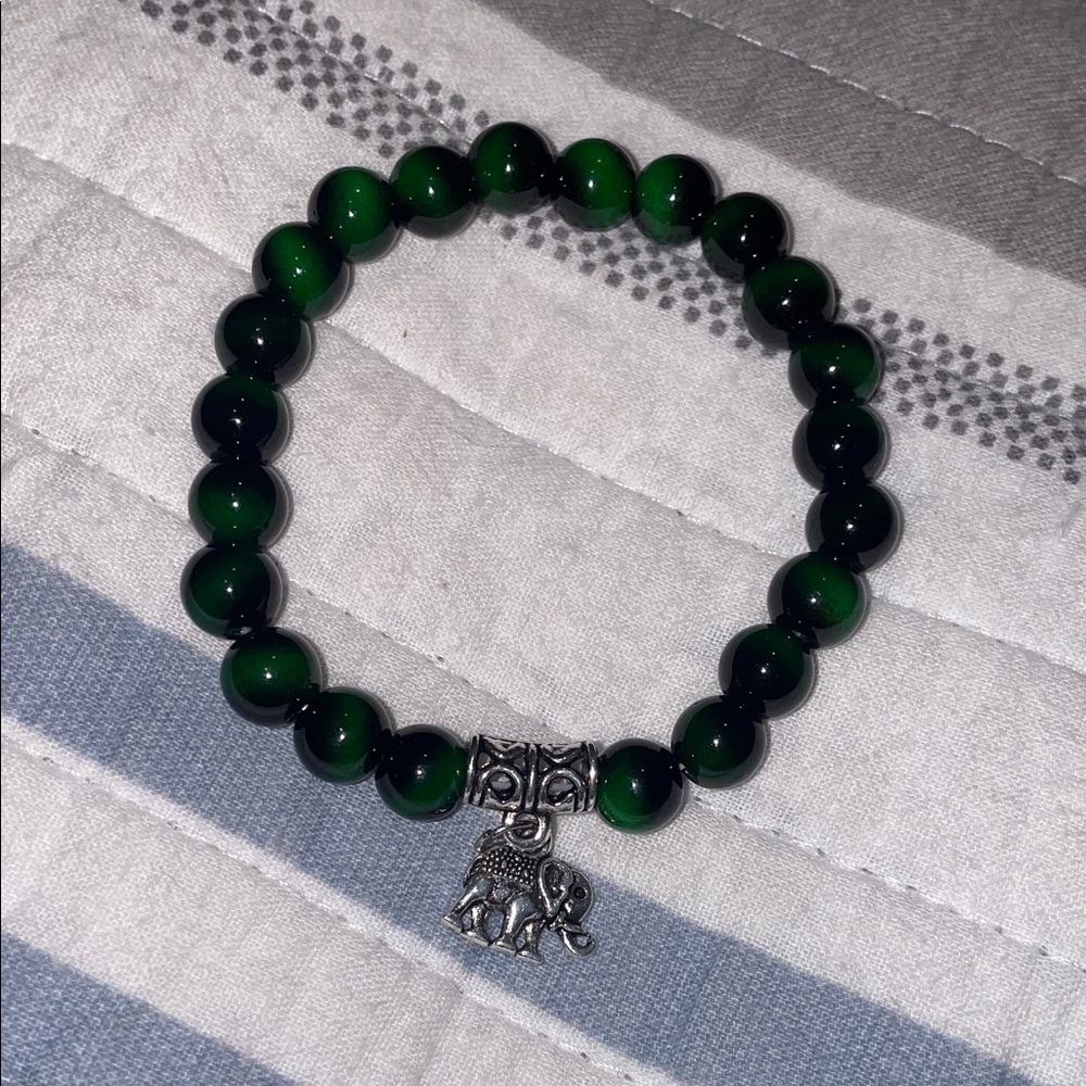 Colorful Glass Green & Black Beaded Bracelet with Lucky Elephant Charm